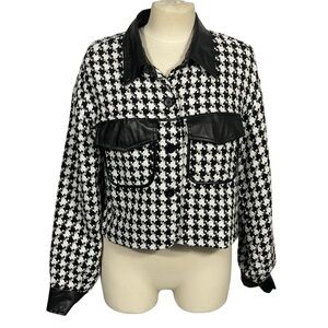 Camellia Black White Houndstooth Tweed Faux Leather Cropped Blazer Jacket Sz L